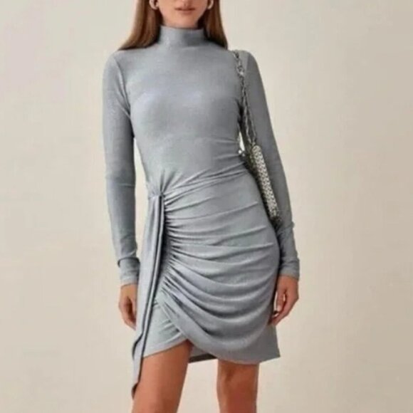 Reformation Paprika Sky Blue Metallic Ruched Mini Dress Long Sleeve Mock Neck - Picture 4 of 6